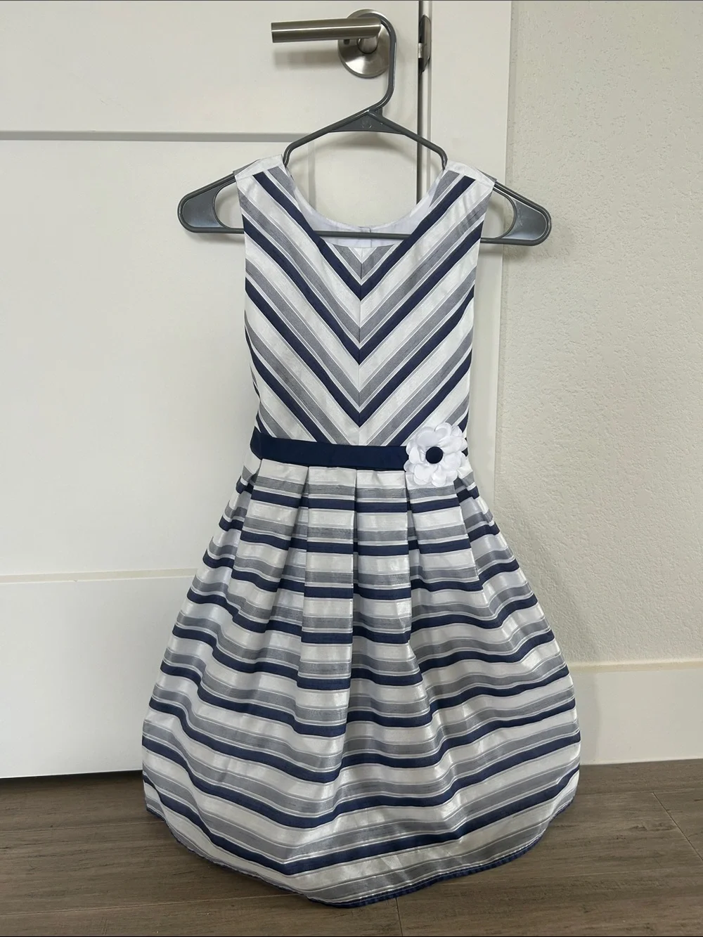 Kids Navy and White Striped Pleated Dress